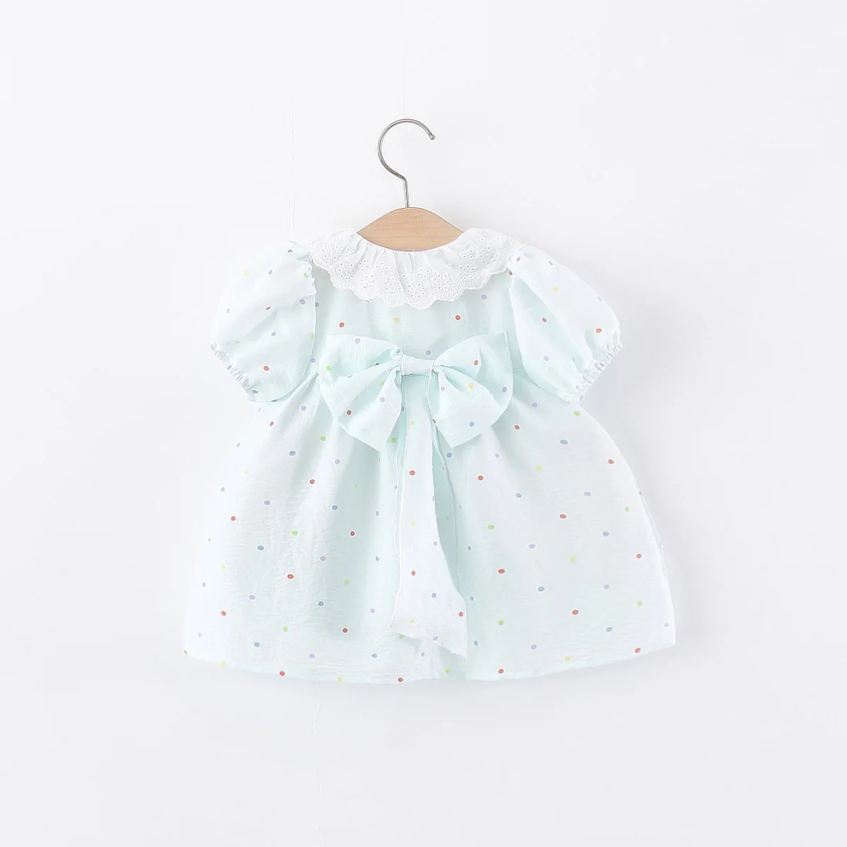 Toddler Girl Summer Dress Colorful Polka Dot 3D Flower Decor Lace Collar Puff Sleeve Dress Baby Outfit for Birthday Photoshoot