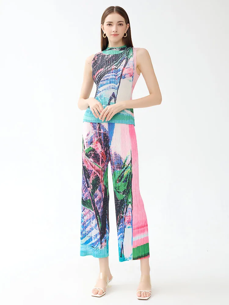 Boutique MIYAKE Style pleated printed set sleeveless top straight leg pants slim fit fashionable and casual two-piece[6183]