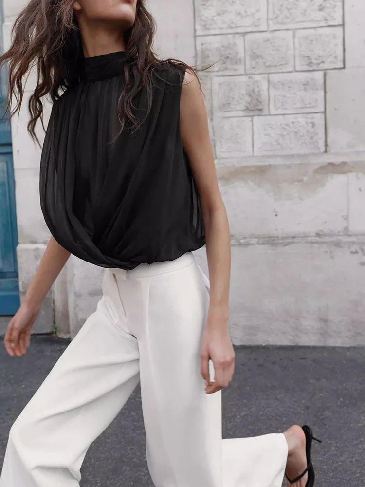 

Женский повседневный топ без рукавов с высоким воротником и плиссировкой, новая летняя модная универсальная свободная модель для сцены, этнический стиль