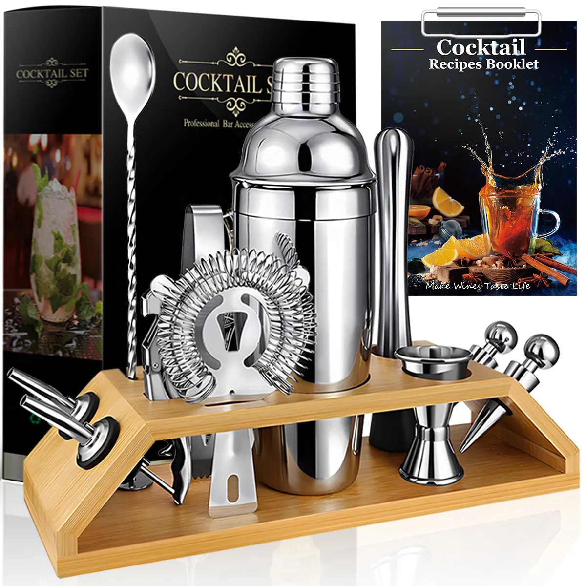

Stainless Steel Cocktail Set - 13pcs with Trapezoid Bamboo Stand Shaker Tools Cross-border