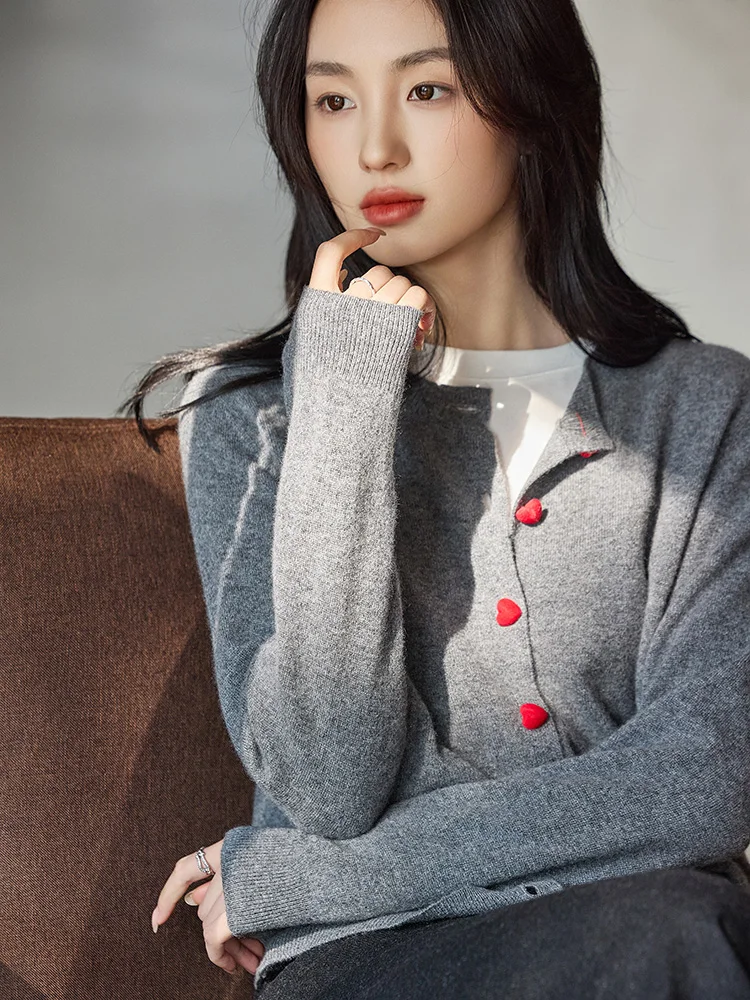 

Chic Women 100% Wool Cardigan Round Collar Sweater Coat Heart Buckles Clothing Autumn Winter Long Sleeve Knitwear Bottoming Tops