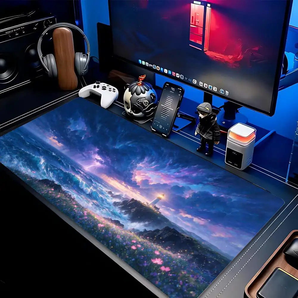 Fantasy Landscape XXL Mouse Pad Sea Lighthouse Waves Tree Swing Sunset Valley Deskmat Non-Slip Rubber Gaming Keyboard Mouse Mat