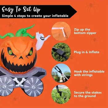8 Ft Long Halloween Inflatables Pumpkin Carriage Outdoor Decorations Blow Up Pumpkin Carriage with Build-in LEDs Blow Up for Yard, Halloween Inflatables Party Decoration Outside Garden Lawn 5