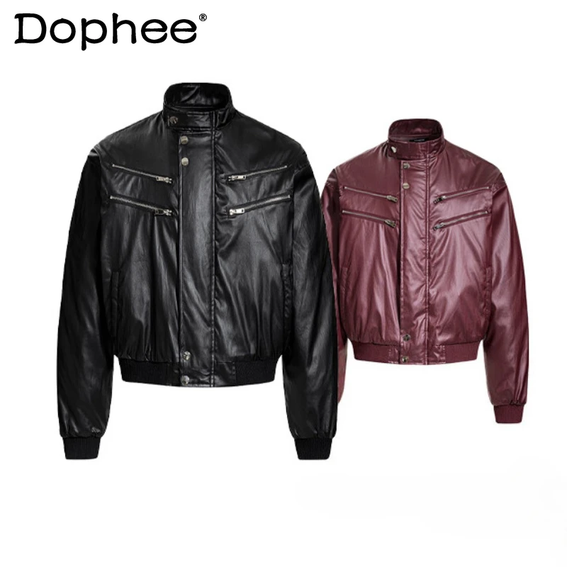 

Men's American Style Multi-Zip PU Jacket Coats Men 2025 Autumn Winter Fashion Jackets Masculinity Solid Color Padded Jacket Tops