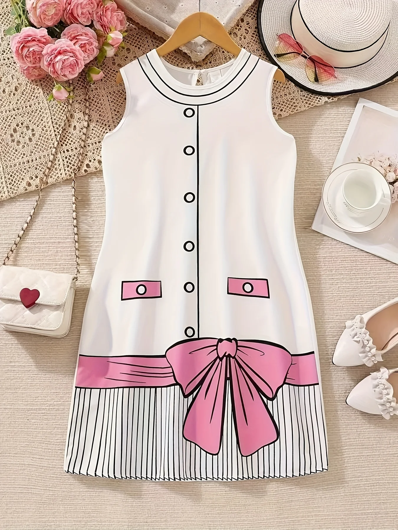 Girls Sleeveless A‑Line Dress 3D Printed Cartoon Bow Decor Kids Summer Casual Dress Little Girls Party Sundress