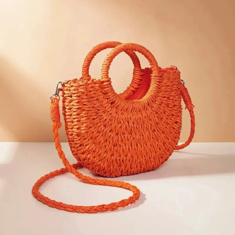 Handwoven Straw Rattan Half-Moon Beach Handbag Large Capacity Women Summer Hollow Out Crossbody Shoulder Bag