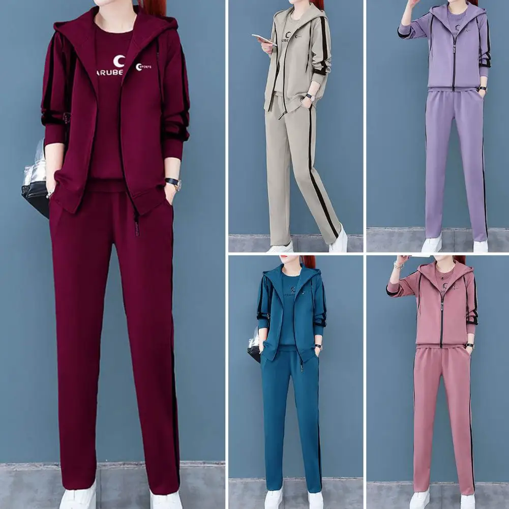 3Pcs Simple Suit Women Sportswear Round Neck Autumn Letter Print Top Vest Pants Zipper Tracksuit Keep Warm