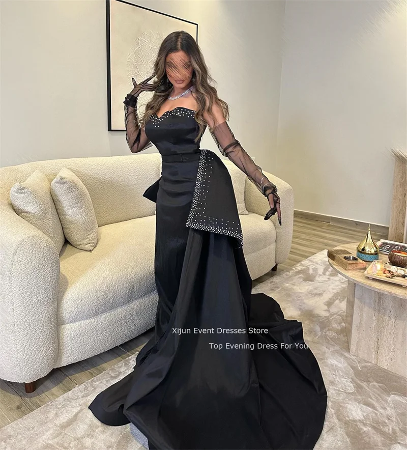 Xijun Black Gogerous Satin Evening Dresses Saudi Arabric Formal Prom Dresses Bow Train Dubai Prom Gowns 2023 Women Party Dress