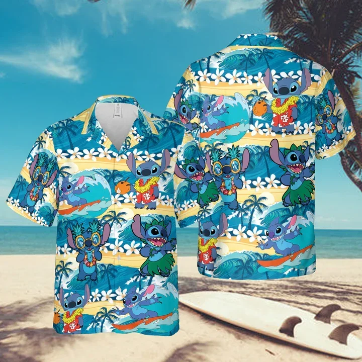 Ścieg hawajskie koszule koszule na wakacje męskie Disney hawajskie koszule na co dzień w całości zapinana na guziki koszulka z krótkim rękawkiem T-Shirt w stylu Vintage topy