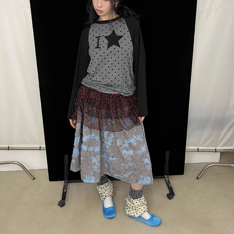 Original Design Polka Dot Splicing Chiffon Yarn Knitted Women's Socks Autumn New Versatile Drawstring Socks Leg Warmers Ladies