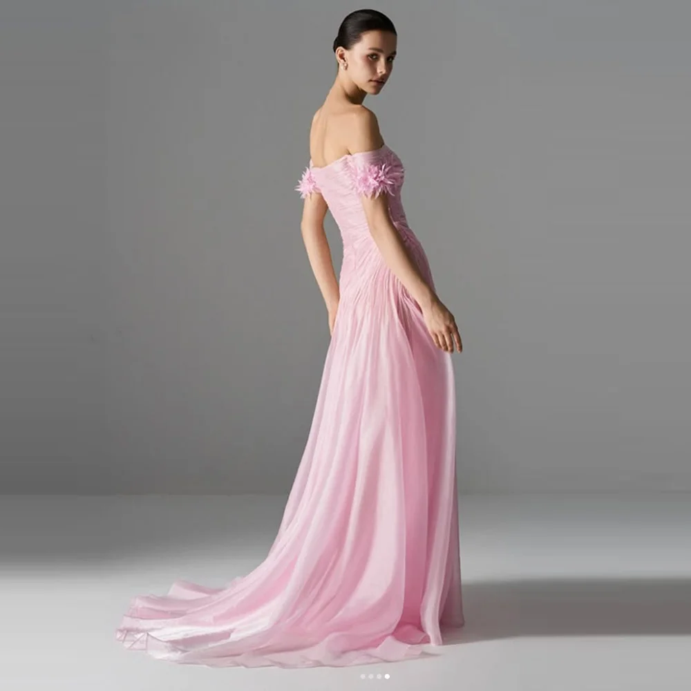 

Customized Elegant Women Handmade Flower Ruched A-Line Evening Dresses Fashion Off-the-shoulder Sleeveless Long Slit Prom Gowns