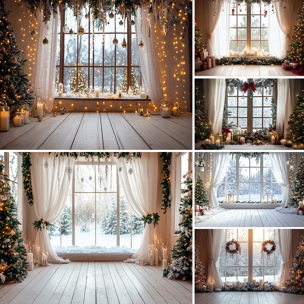 

Winter Christmas White Window Backdrop Baby Family Portrait Candles Curtain Lights Photography Background Photo Studio