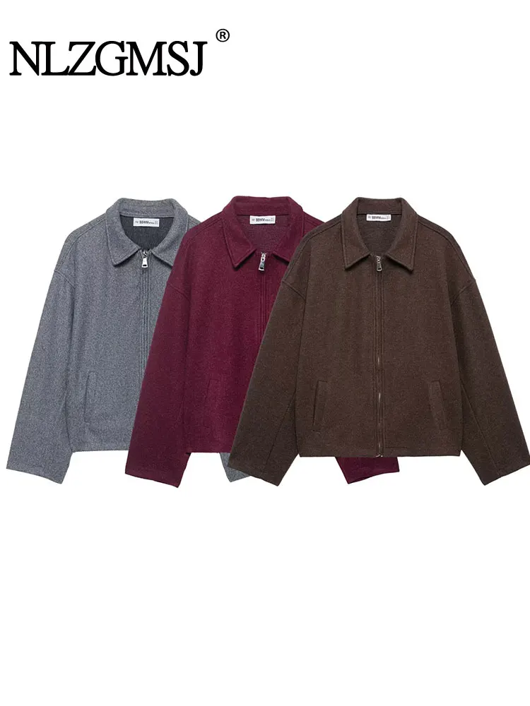 

NLZGMSJ Women Vintage Casual Chic Bomber Jacket Solid Zipper Front Pockets Long Sleeve Coats Fashion 2025 Autumn Coats