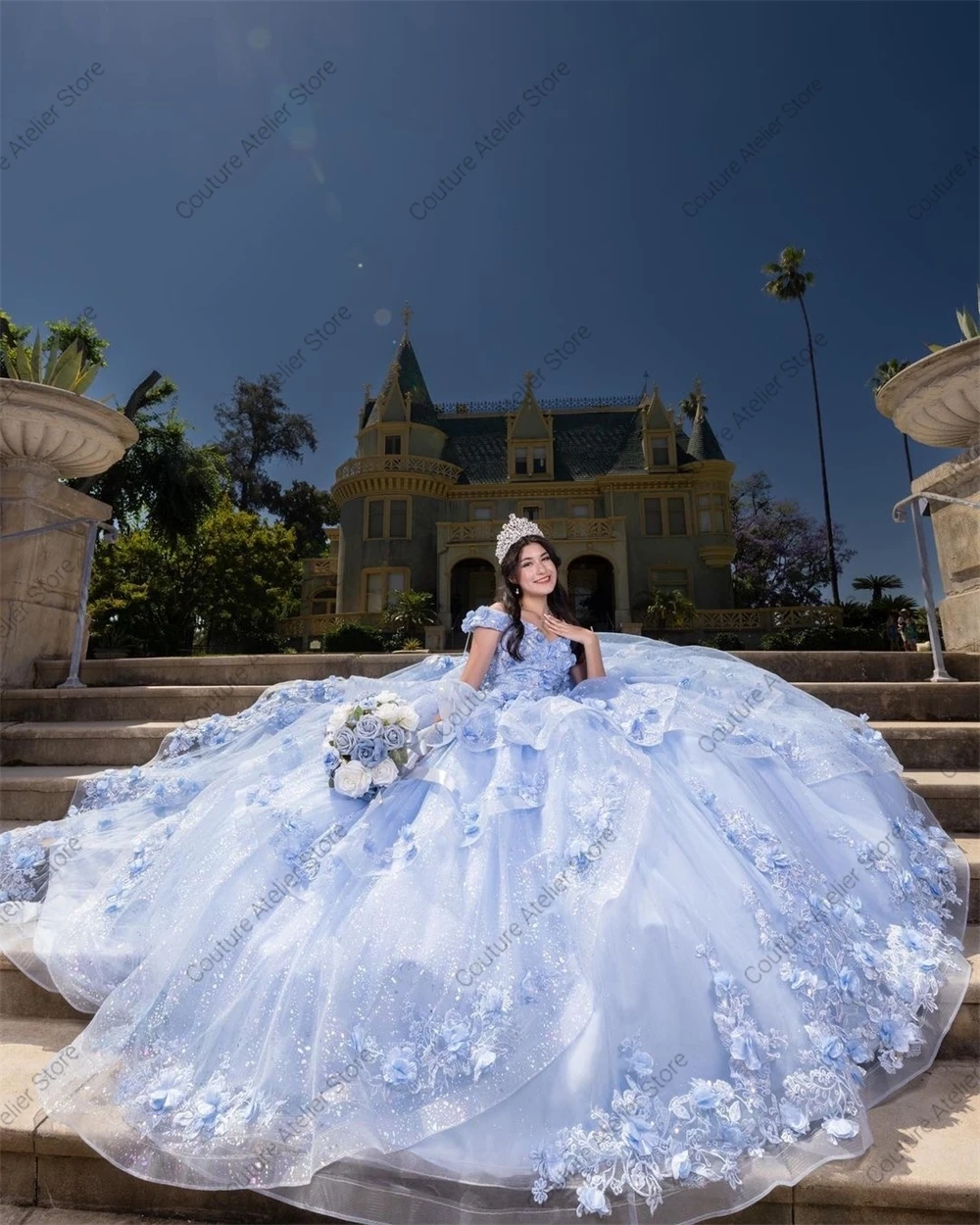 Ice Blue 3D Flowers Ruffels Corset Quinceanera Dress Ball Gown Luxury Off The Shoulder Sweet 15. Dress vestidos de 16 quinceañer