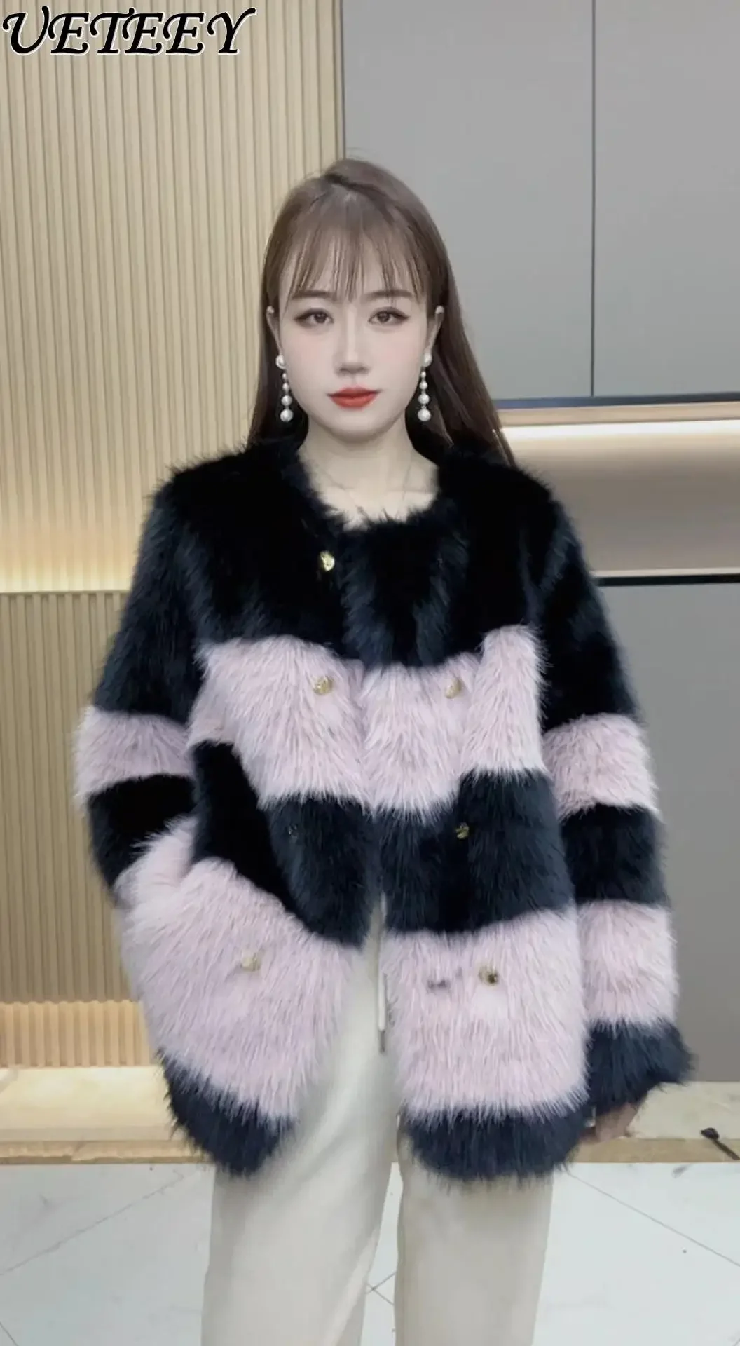 2023 New Winter Fur Coat for Women Loose Western Style Color Matching Casual Slimming Furry Coats Thickened Warm Plush Jacket