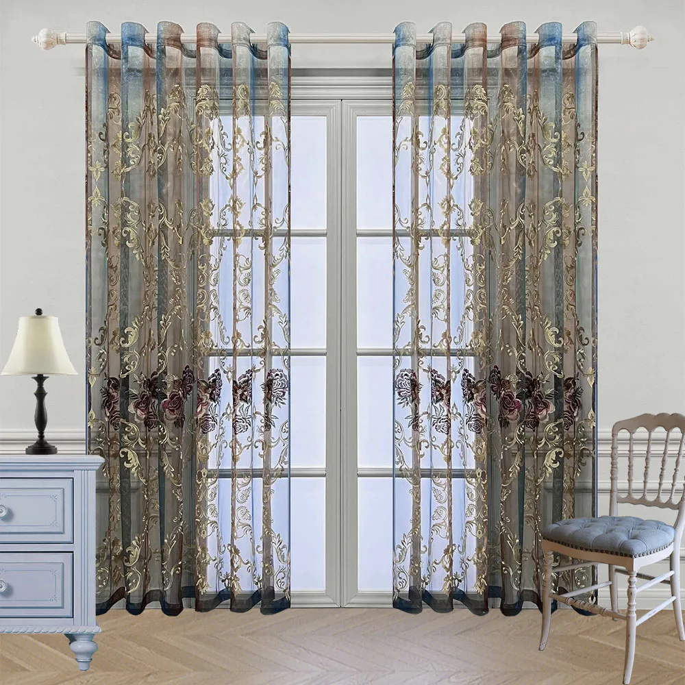 European Luxury Blue Brown Gradient Sheer Curtain Red Peony Embroidery Window Screen For Living Room Bedroom Villa Home Decor