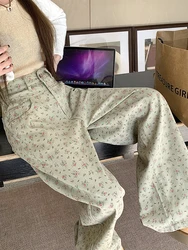 ChimVintage-Jean à fleurs pour femme, pantalon taille haute, jambes larges, droit, denim, vert floral, baggy, avec poche, à la mode