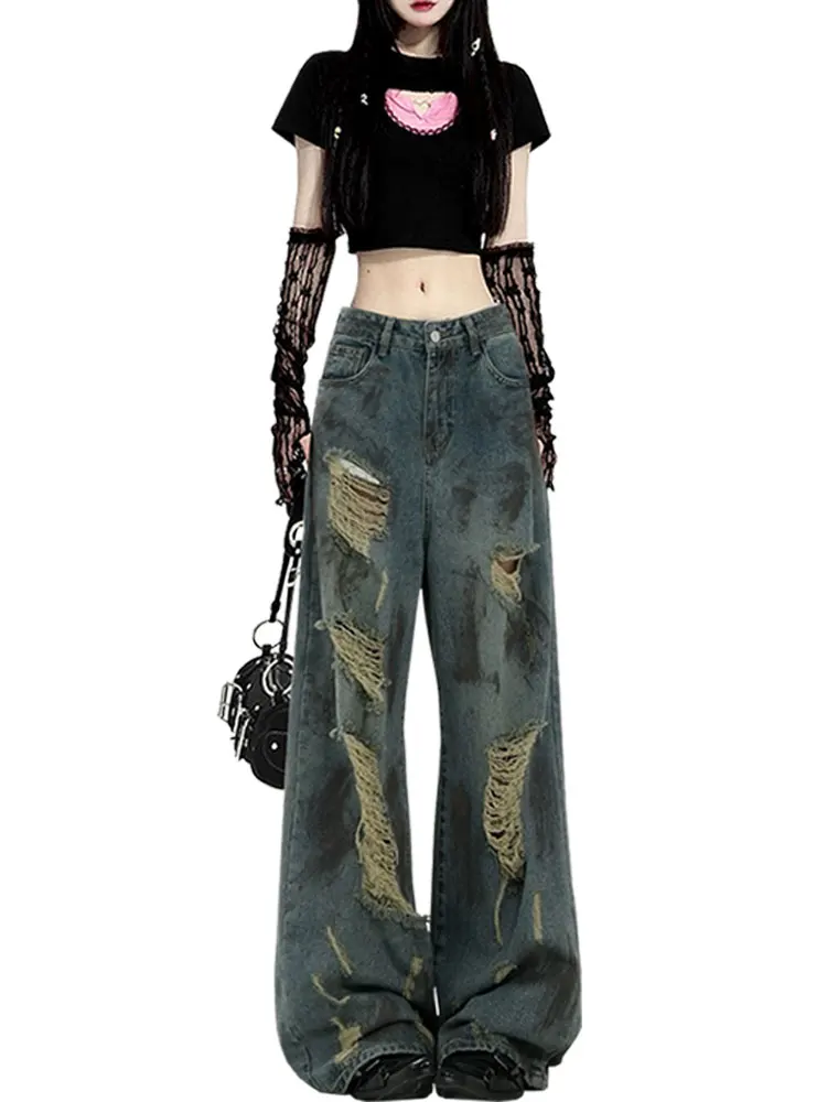 

Retro American Vibe Splatter Paint Hole Denim Jeans Women High Street Loose Wide Leg Floor-Length Trendy Summer Jeans