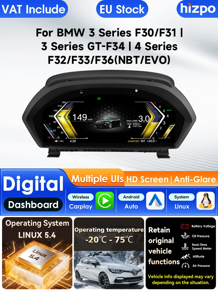Hizpo für Tachometer-Stil 12,3 Zoll Digitales Auto-Armaturenbrett für BMW 3/4 Serie F30/F31 GT-F34 F32/F33/F36 2013-2020 NBT EVO LCD