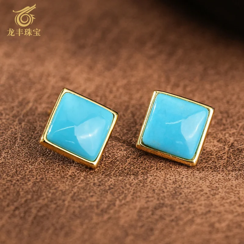 Green Pine Stud Earrings S925 Silver Plated with 18K Gold Natural High Porcelain Turquoise Square Women's Earrings