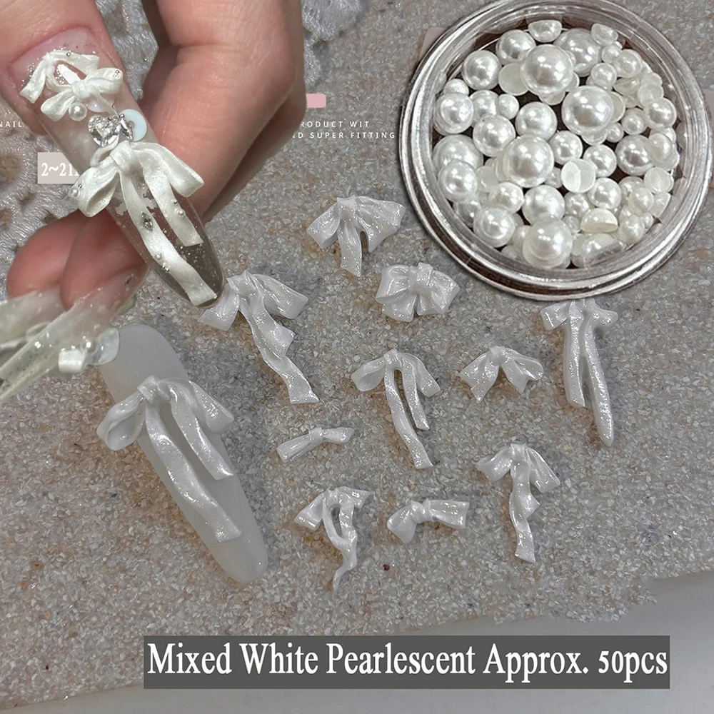 

50PCS 3D Soft Carving Bowtie Half Pearls Nail Art Charms Mix White Pearlescent Resin Ribbon Bow Nail Decoration Wedding NailDeco