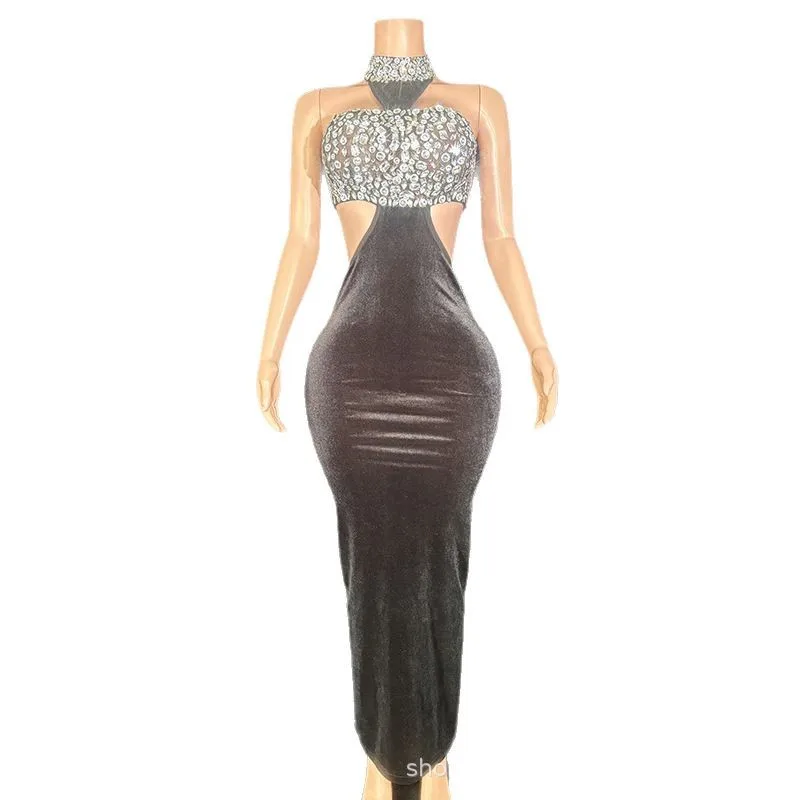 

Black Velvet Rhinestone Bag Skirt Singer Performance Fashion Singing Dress Drag Queen Bright Performance Dress Vestido De Fiesta