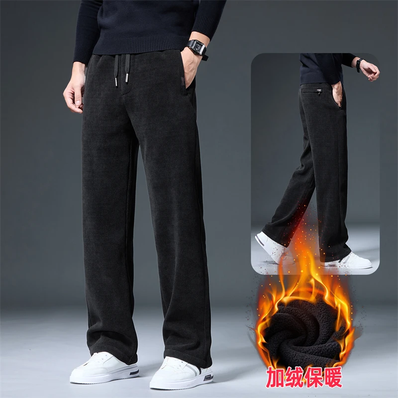 

Men's Loose Straight Fit Thickened Casual Pants Autumn Winter No Ironing Elastic Waistband Comfortable Warm Long Trousers