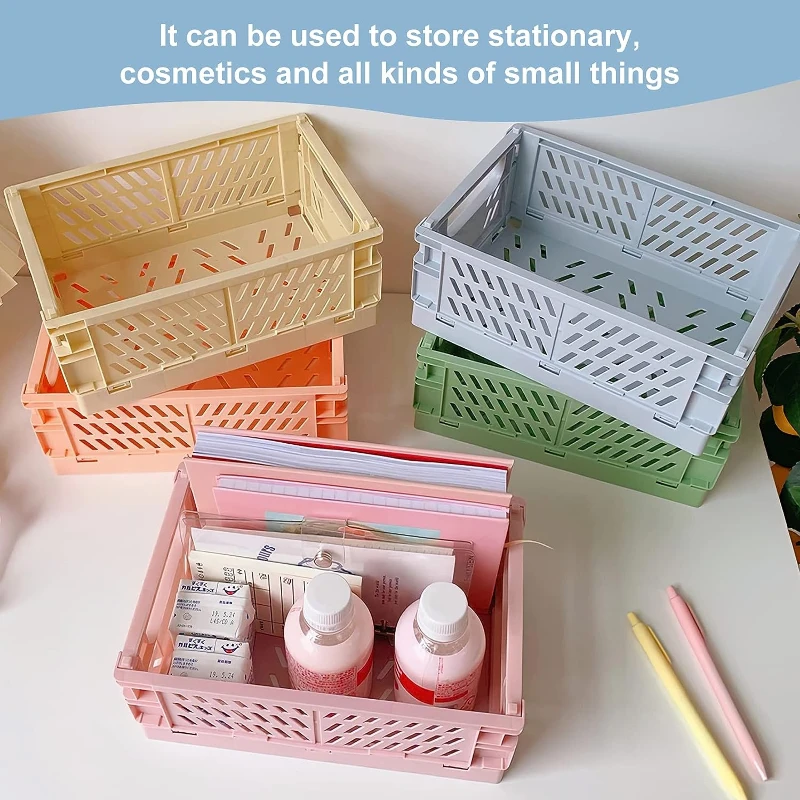 5 Pack Kawaii Collapsible Crate Stacking Folding Storage Basket Plastic Desk Organizers for Home Kitchen Bedroom Bathroom Office