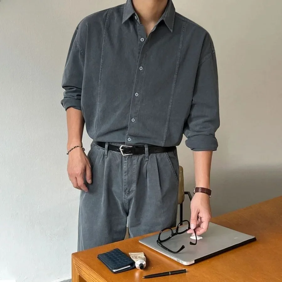 Retro Washed Denim Casual Shirt for Men Spring Autumn Loose Fit Thickened Fleece Nine-Quarter Sleeve  Collar