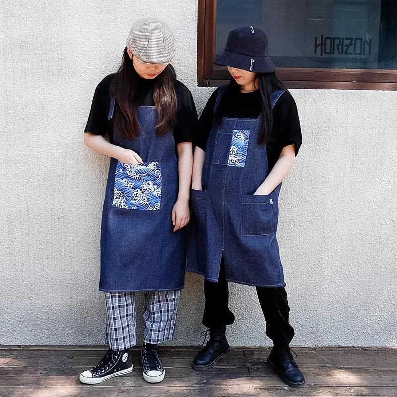 Celemek dapur katun gaya Jepang, celemek dapur Denim dengan saku tahan aus, pakaian kerja dapur katering, celemek memasak memanggang Barista