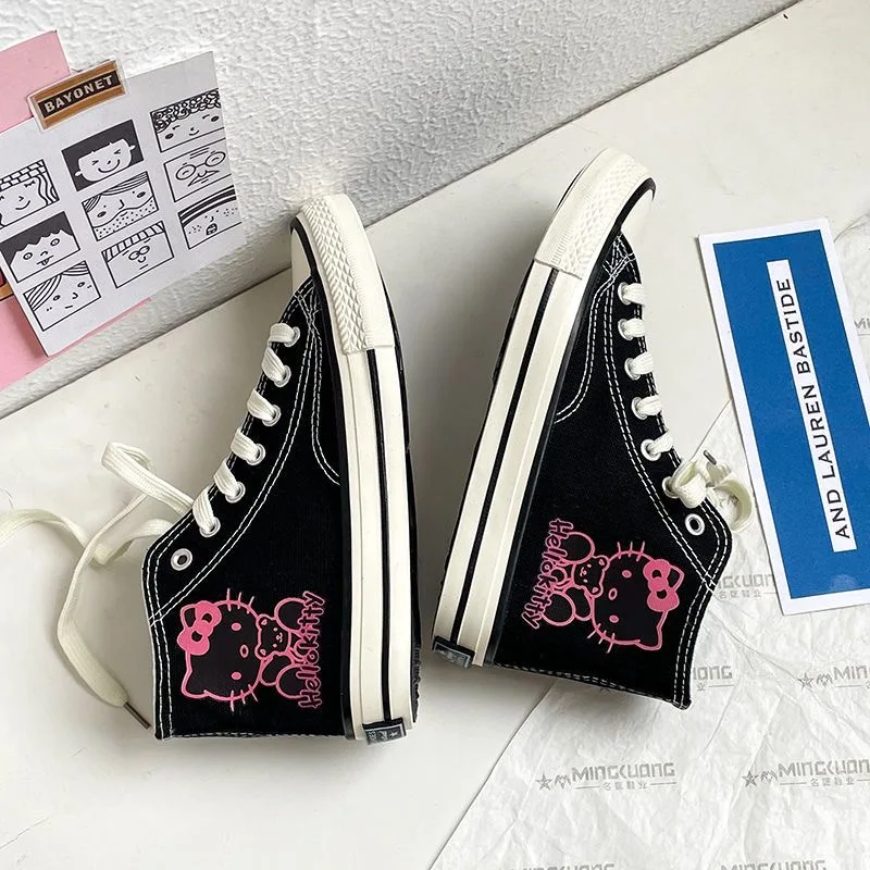 Sanrio Hello Kitty High Top Canvas Shoes Student Cartoon Graffiti Skateboard Shoes Kawaii Girls Preppy Style Versatile Sneakers