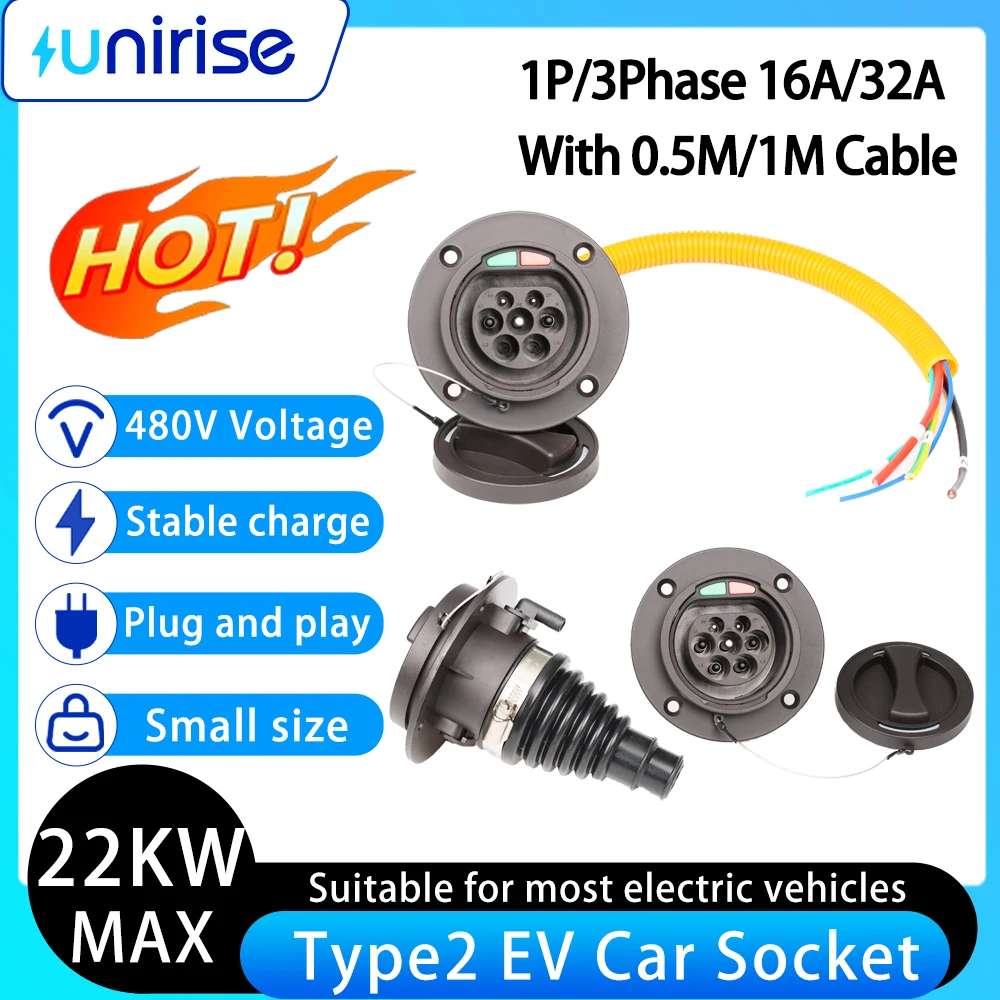 Unirise 16A 32A Type2 EV Charging Socket Single/Three Phas with 0.5M 1M Cable IEC 62196 EU Standard Type 2 Electric Car Socket