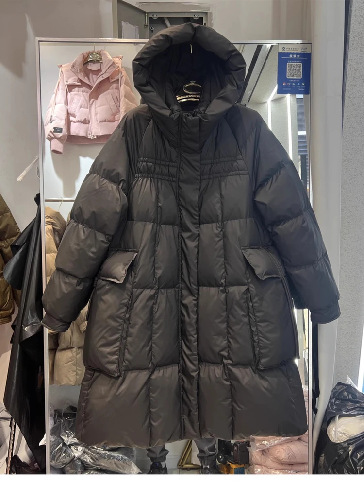 2025 inverno novo comprimento médio para baixo jaqueta feminina na altura do joelho com capuz solto grosso capa bolso grande pato branco para baixo jaqueta