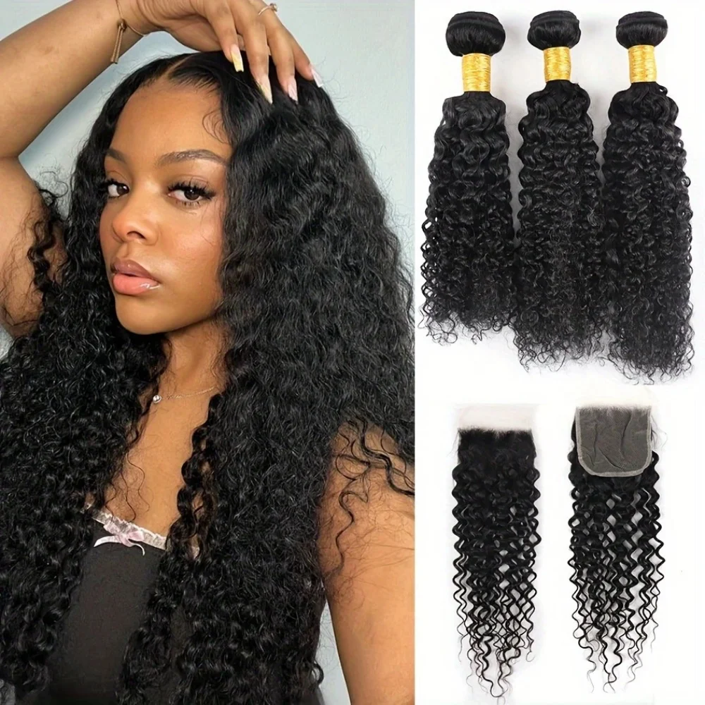 Rambut Manusia Gelombang Keriting 24 26 28 & 20 Inci 3 Bundel dengan Penutupan Renda 4X4 100% Rambut Belum Diproses Rambut Gelombang Alami Pakan Ganda