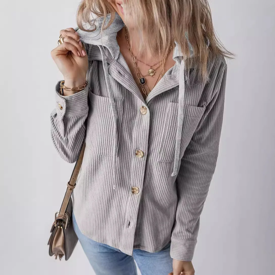 Women Long Sleeve Jacket Trendy Hooded Drawstring Button Down Shirts Casual Pockets Lapel cardigan striped coat for women