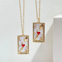 Fashion Stainless Steel Pendant Necklace Lovers Tarot Card Square Red Love Pendant Necklace Woman Party Gift Collar