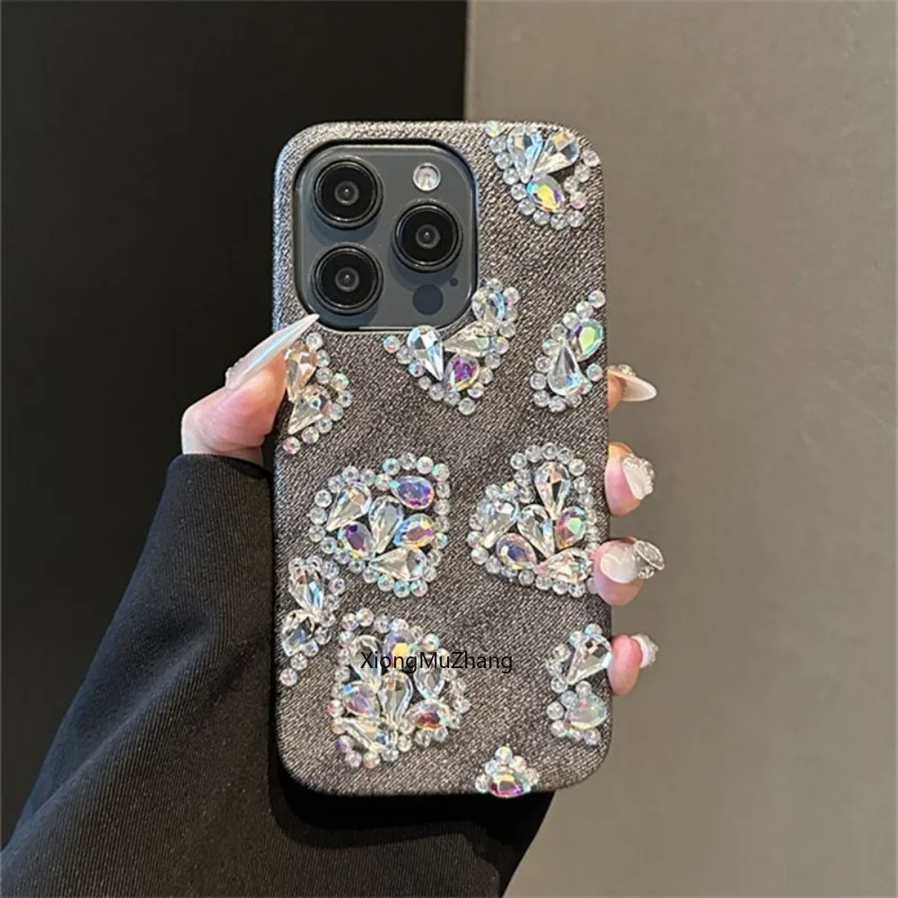 

Grey Stylish Retro Denim Fabric Shockproof Protective Case for IPhone 15 14 13 12 Pro Max 11Pro XS Max Diamond Love Custom Cover