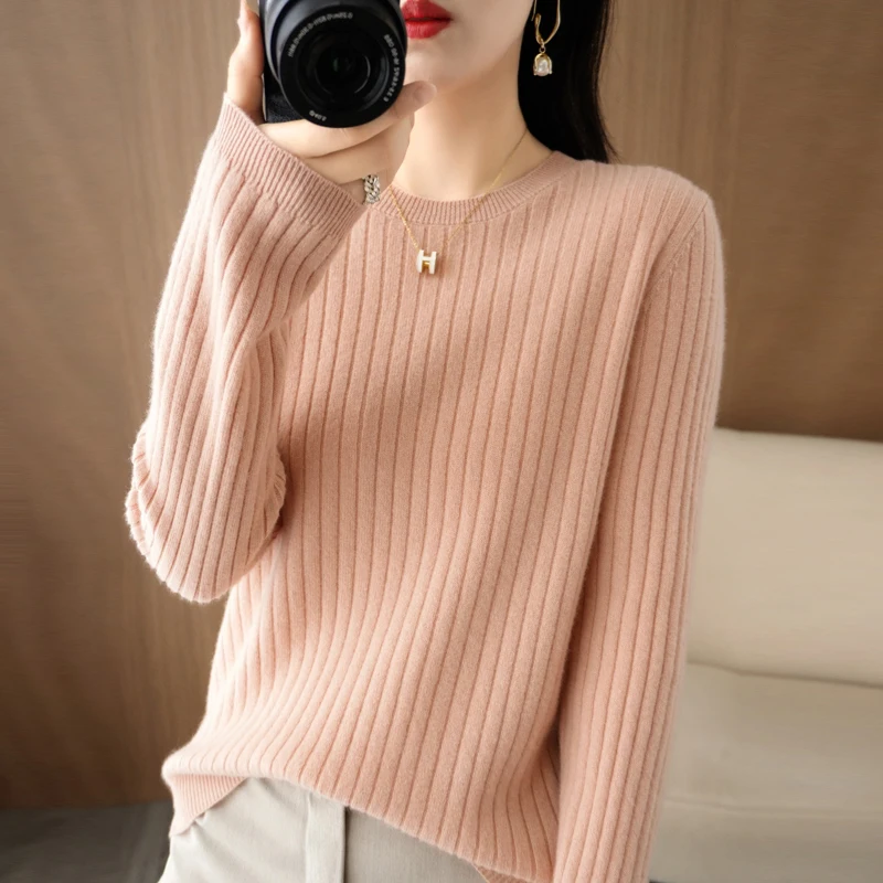 2026 Damen-Pullover Herbst Winter Langarm-Pullovers mit O-Ausschnitt, gestreift, warm, koreanische Mode, als Unterhemd tragbar, lockerer Jumper – Detail 9