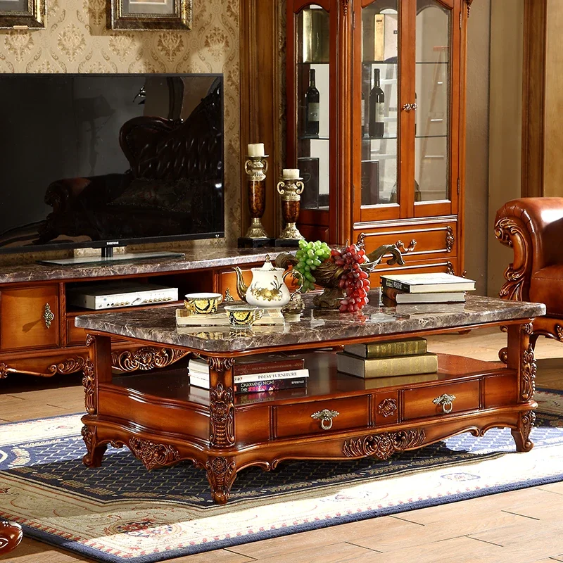 

yj9European coffee table solid wood carving flower marble American classical high-end luxury retro tea table