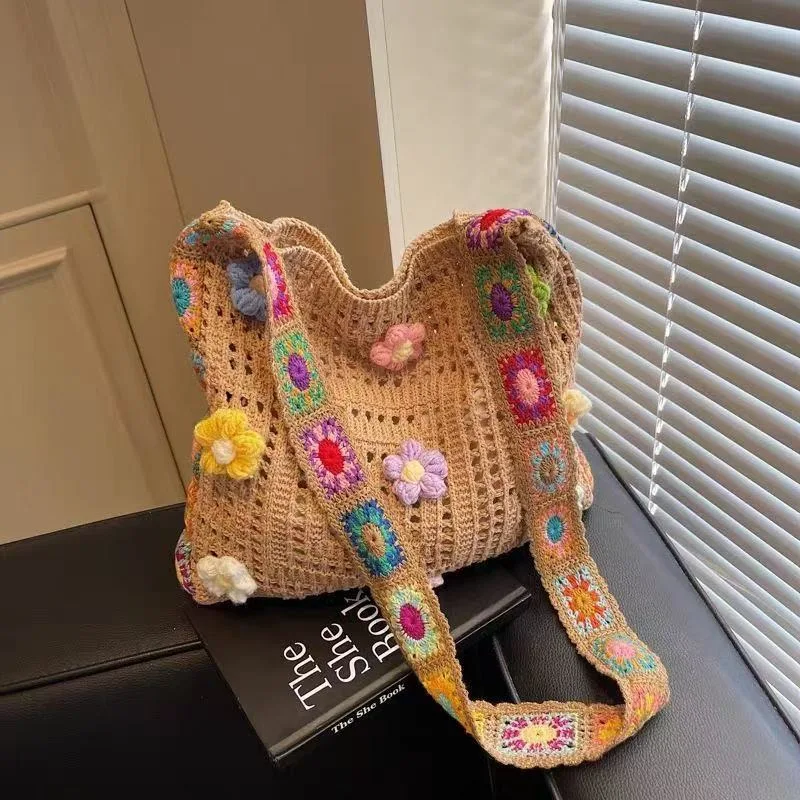Boho Crochet Tote Bag for Women Retro Hollow Messenger Bag with 3D Flowers Colorful Granny Square Strap Hippie Open-Top Knit