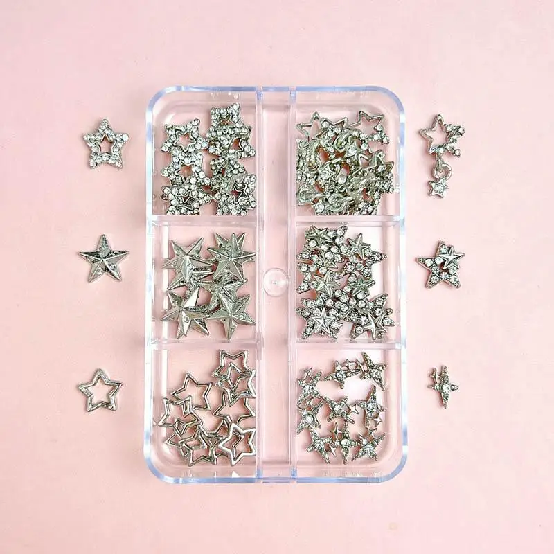 1Box minimalist ische Legierung Pentagramm Nagel Charms ausgehöhlte Sterne Mini Strass eingelegte Nail Art Dekoration DIY Maniküre liefert