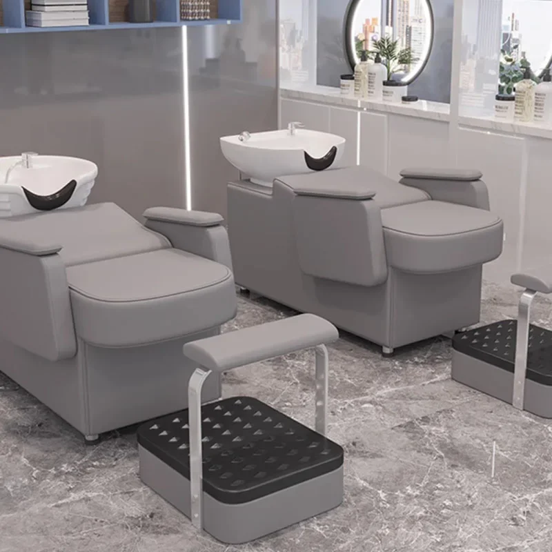 

Reclining Grey Shampoo Chair Simples Neck Support Foot Rest Stylist Shampoo Chair Hairstylist Spa Tabouret Spa Furniture