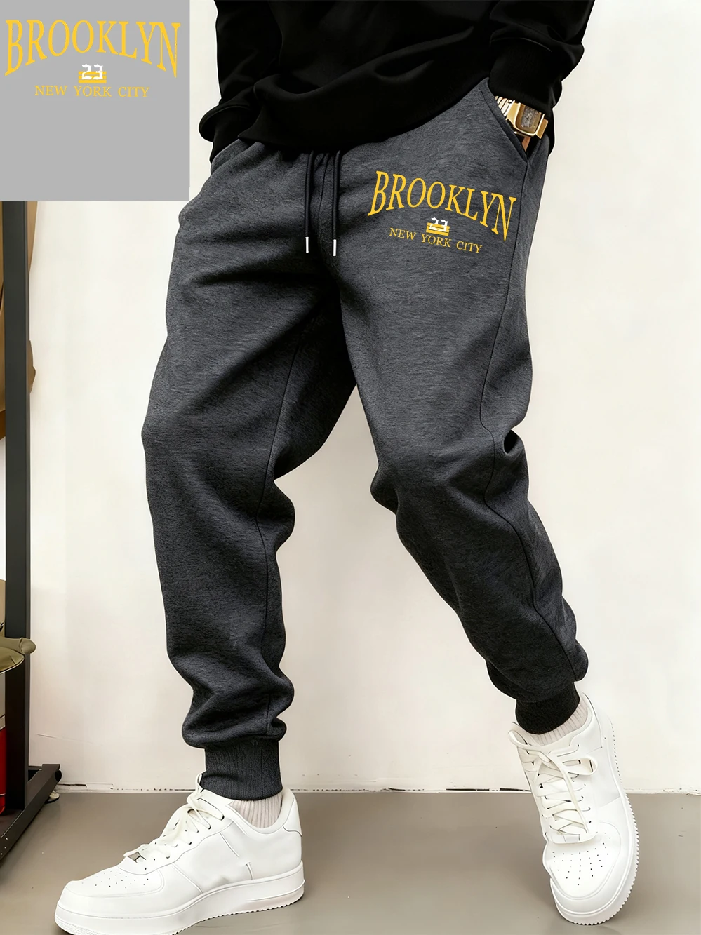 

Brooklyn New York City Prints Sweatpants Mens Winter Pocket Jogger Pants Basics Fleece Warm Loose Trousers Casual Male Clothes