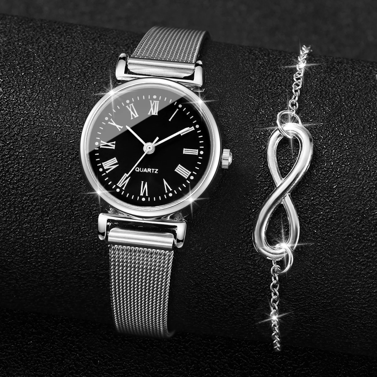 4PCS/Set Fashion Women Watches Roma Dial Ladies Quartz Watch Silver Mesh Band Wristwatches Bracelets（Box Not Included ）