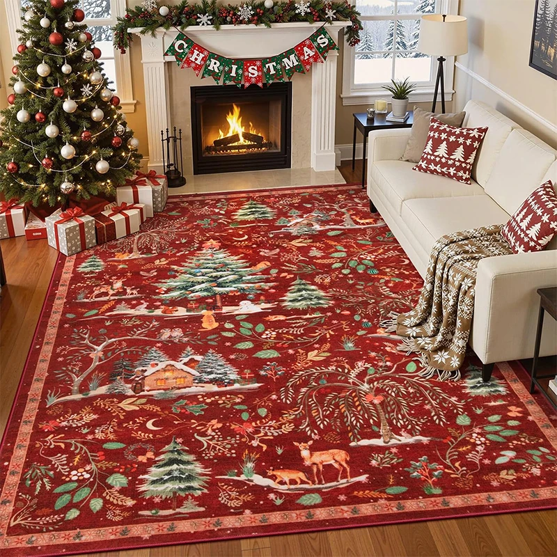 Living Room Floor Mat Soft Comfortable Washed Faux-cashmere Carpet Non-slip Machine Washable Large Size Christmas Tree Print Rug