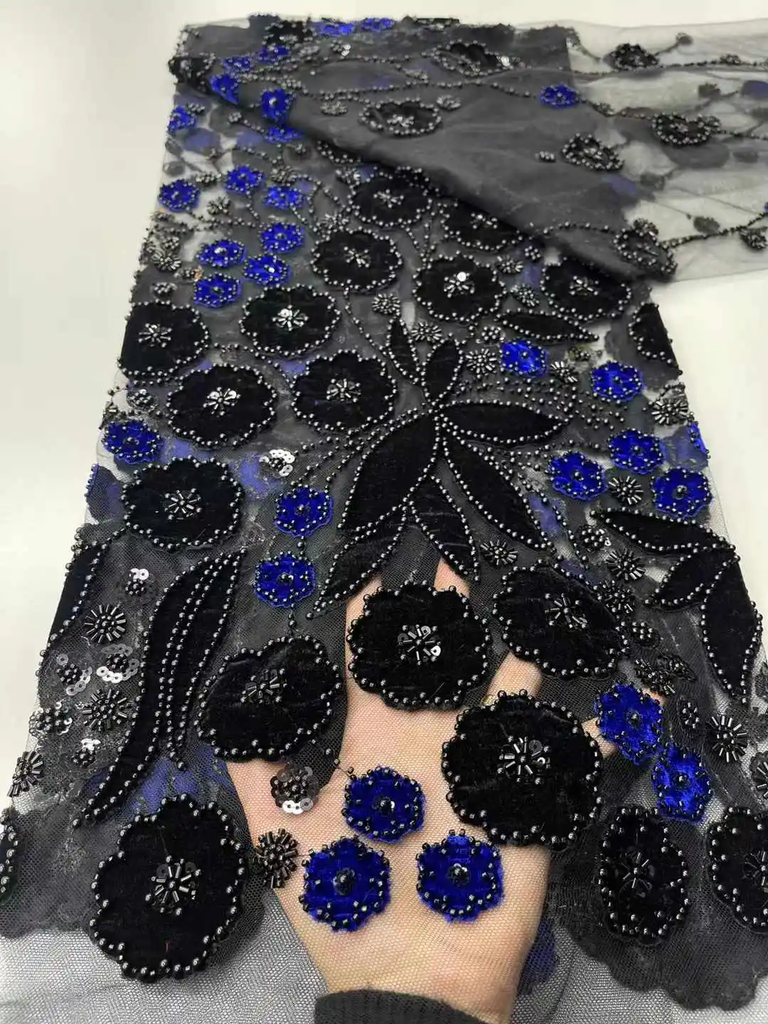 

African Luxury Velvet Lace Beads Fabric Royal Blue High Quality Nigerian Lace Embroidered Fabric For Women Wedding Party Sewing