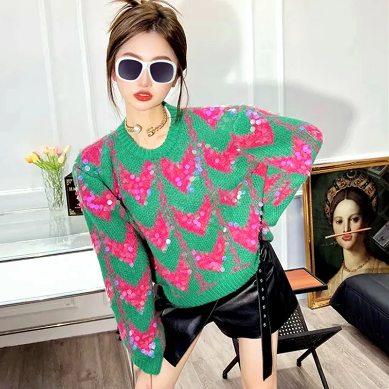 

Autumn Winter Women Sweater Jumper Pullover Casual Sequined O Neck Top Wave Color Contrast Green Femininas Sweaters NZ359