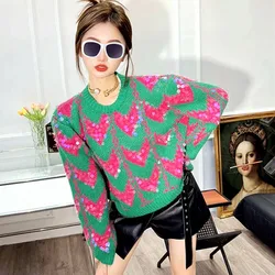 Autumn Winter Women Sweater Jumper Pullover Casual Sequined O Neck Top Wave Color Contrast Green Femininas Sweaters NZ359