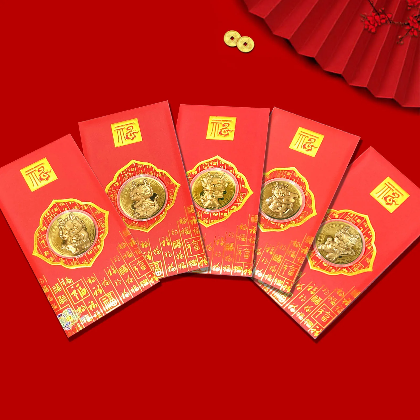 2024 Year of the Dragon Gold Foil Commemorative Coin Red Envelope Chinese Spring Festival Lucky Money Pockets New Year Gifts