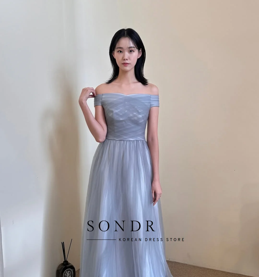 Sondr Customized Boat Neck Korean Evening Dresses Photo Shoot Tulle Blue Japanese Women Party Gown Music Performance Dresses
